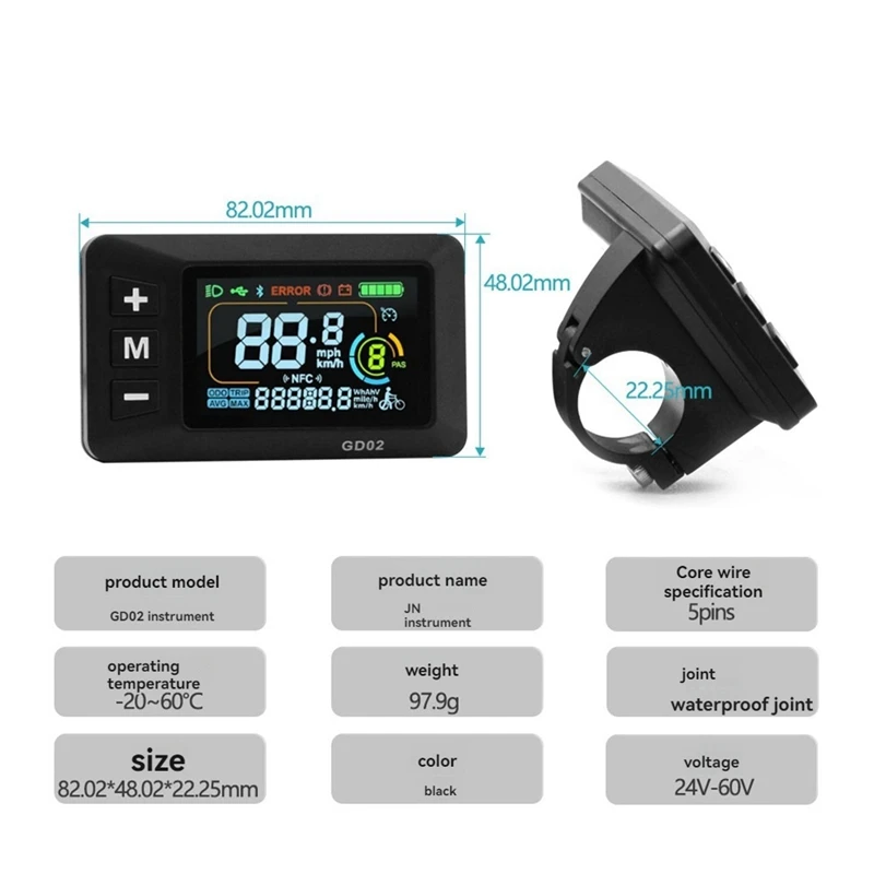 LCD-GD02 Electric Bike LCD Display Meter  Dashboard Display Panel 24V 36V 48V 52V 60V For Electric Scooter 5PIN