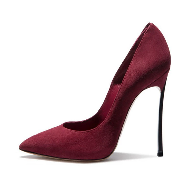 Women Pointed Toe Blade Pumps Metal High Heels Burgundy Blue Suede Stiletto Court Heeled 10cm Pumps Slip-on Office Lady Shoes