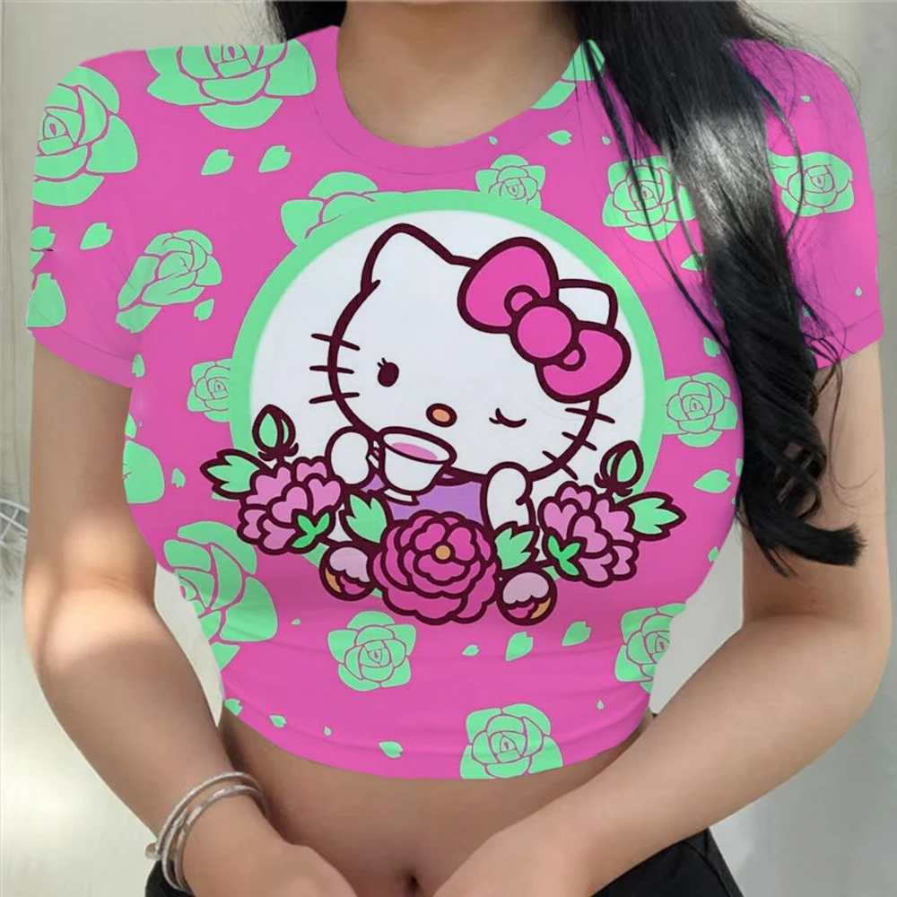 Women's T-shirt Hello Kitty Tshirt Girl Slim Fit Women's Clothing Party Women's Kawaii Sexy Y2k Fashion Summer Hello Kitty Top