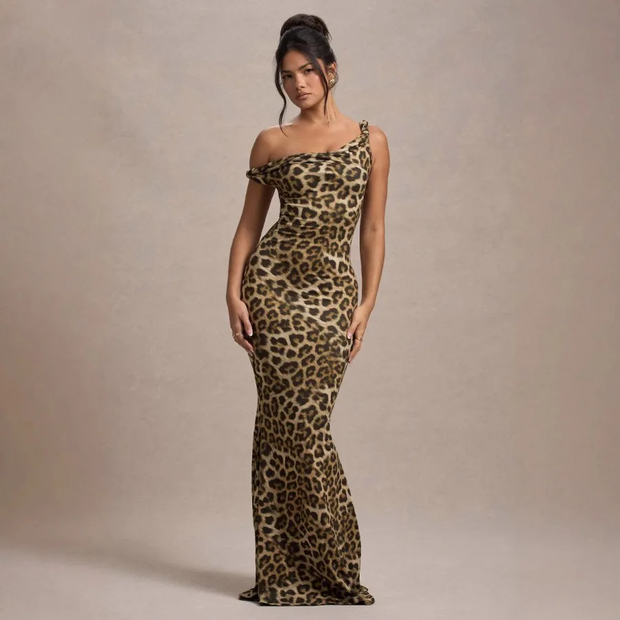 

Style summer women's clothing sexy niche sloping shoulders curled hem slim bag hip print dress