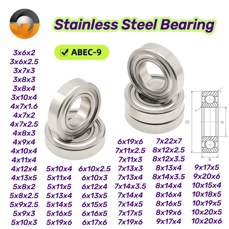 10Pcs S6800ZZ 10x20x6mm Stainless Steel Bearings 3x7x3 4x9x4 5x11x5 7x14x5 8x16x5 9x17x5 10x19x5 10x20x5 mm Fishing Reel Bearing