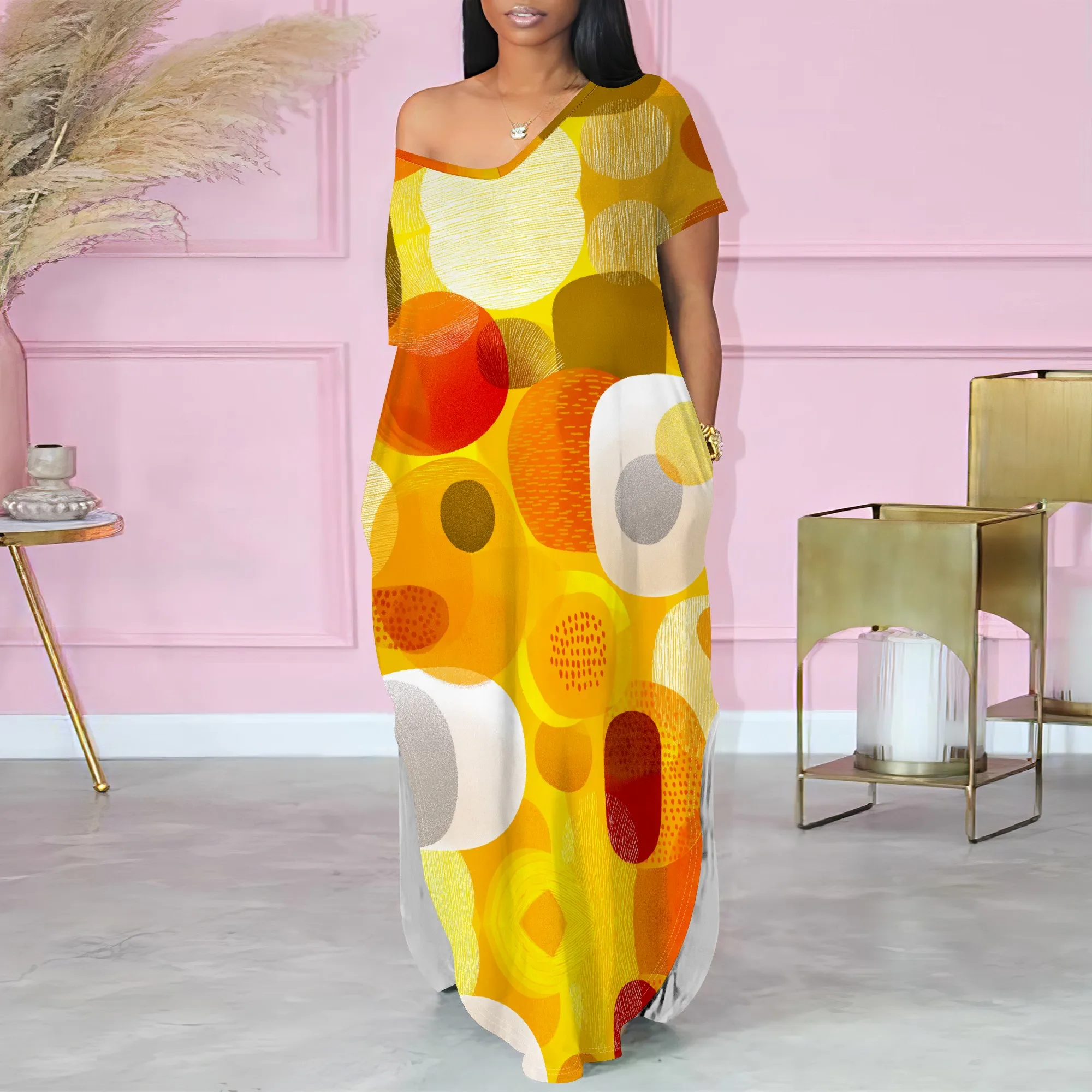 

Women's Abstract Polka Dot Print Maxi Dress with Pockets Plus Size Loose Summer Sundress S-3XL