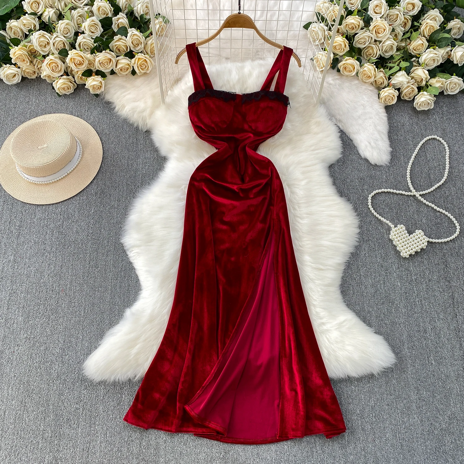 فستان أنيق مثير من الدانتيل القطيفة بدون أكمام فساتين حفلات النادي فستان صيفي للسيدات