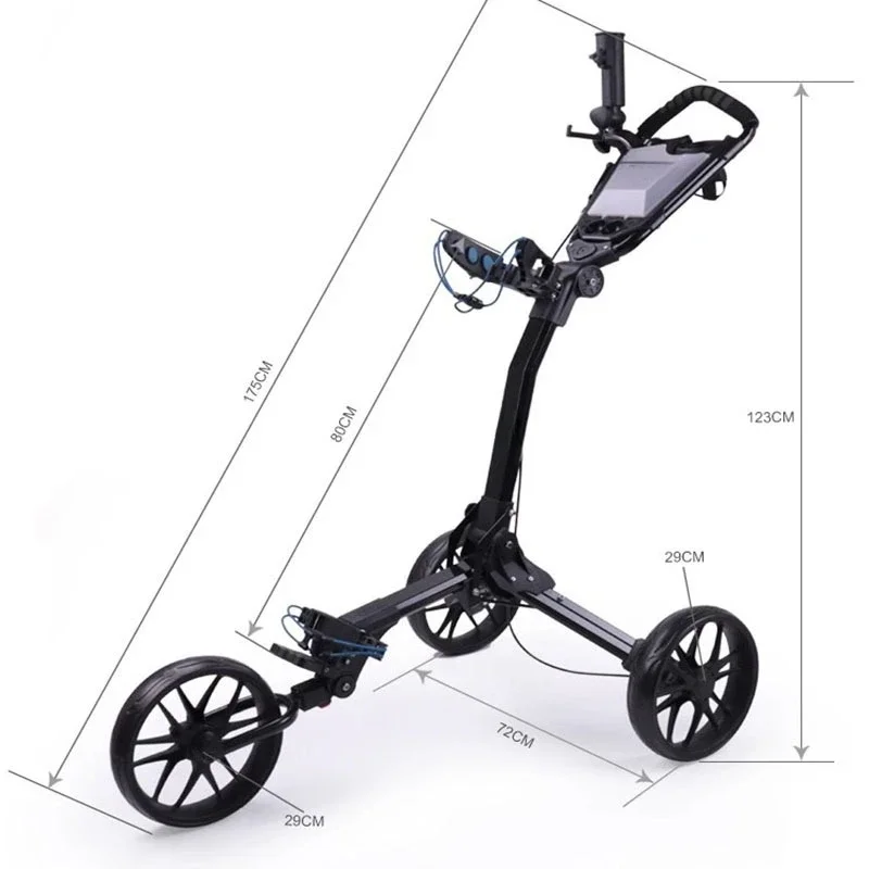 Folding three-wheeled golf bag cart, golf bag push trolley, foldable and detachable aluminum alloy portable cart.