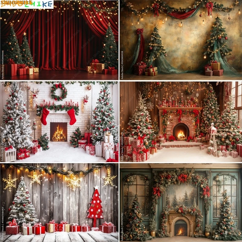 

Christmas Day Gift Boxes Steam Train Photography Backdrops Living Room Holidays Carpet Fireplace Pine Trees Background VT-03