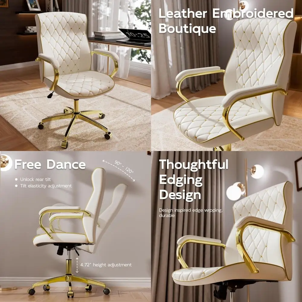 كرسي مكتب تنفيذي دوار متوسط الظهر مع تطريز جلدي ناعم، كرسي مكتب أبيض وذهبي على عجلات للمراحة #1
