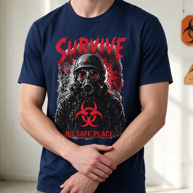 Survive Gas Mask Biohazard T-Shirt Zombie Apocalypse Horror Graphic Dark Grunge Streetwear Black White Navy Casual Top Harajuku