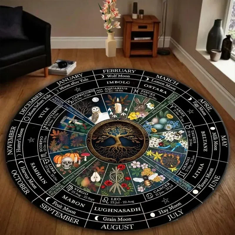 Wheel of The Year Rug Pagan Wiccan Decor Carpet Zodiac Art Rug Mat Sabbat Altar Cloth Witchcraft Gifts Lunar Calendar Rug Mat