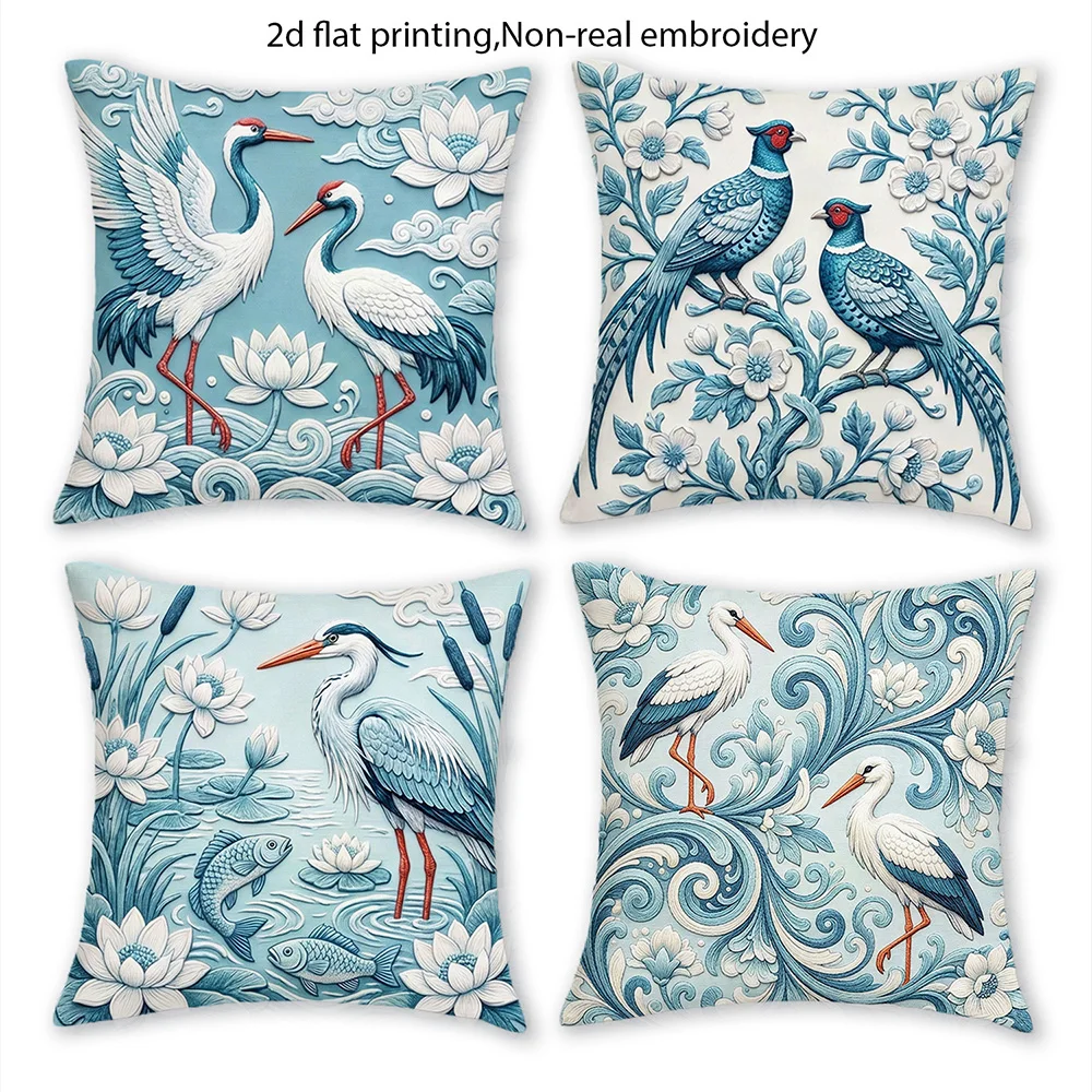 1/4pcs Coastal Blue Heron Lotus Pond Throw Pillow Cover Home farmhouse outdoor decoration cushion cover