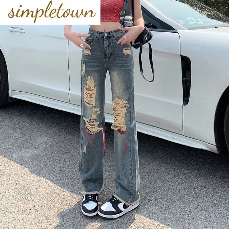 2023 New American Retro Perforated Wide Leg Jeans Women\'s Summer New High Waist Old Street Straight Tube Floor Towers Trend