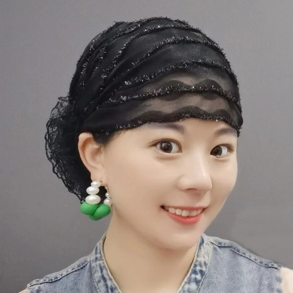 

Versatile Soft Lace Curling Hat Breathable Polyester Elastic Curly Hair Hat Brimless Beanie Dome Elderly Beauty Cap Outdoor