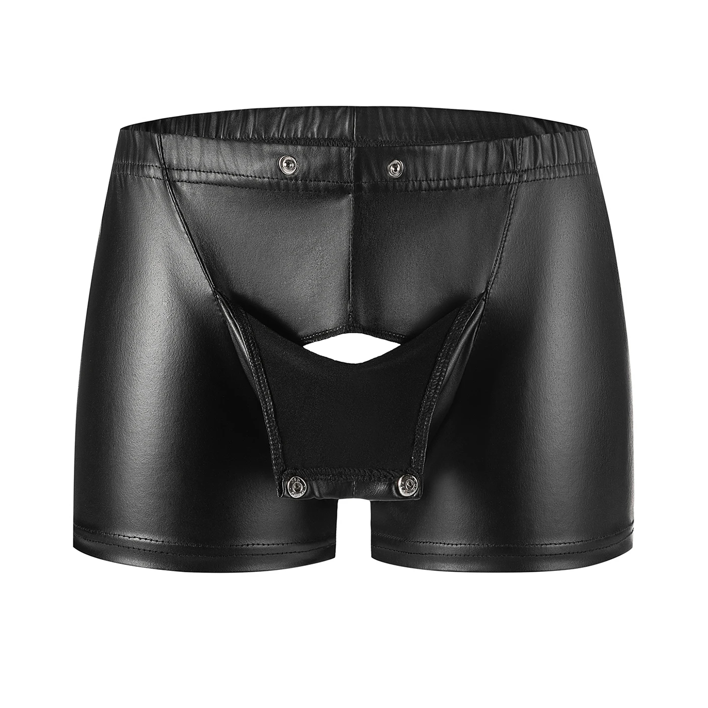 Mens Sexy Button Open Crotch Boxer Soft Matte Leather Short Pants Fetish Lingerie Crotchless Male Hot Porn Bottom Bulge Pouch