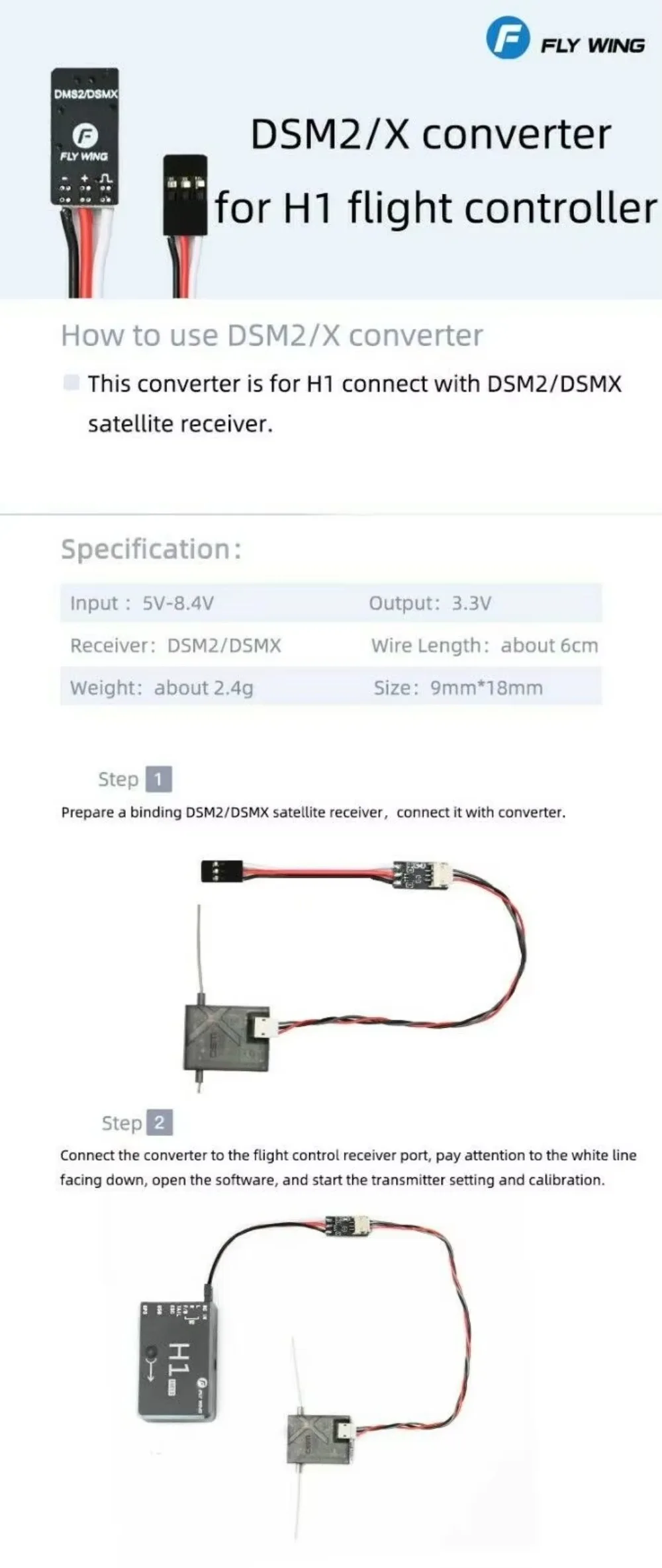 Flywing H1 Flight Controller DSMX DSM2 Satellite Receiver Connector Converter