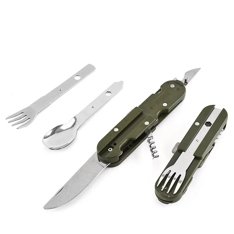 Army Green Folding Portable Stainless Steel Camping Picnic Cutlery Knife Fork Spoon Bottle Opener Flatware Tableware Travel Kit