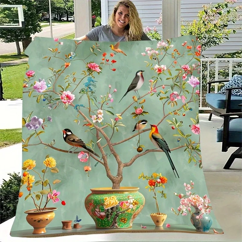 Vase Flower Tree Color Bird Light Cyan Base Print Blanket, Light Flannel Throw For Couch Room, Oriental Floral Daily Blanket