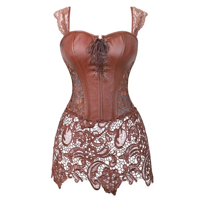 Women's Steampunk Gothic Overbust Corset Dress Lace Up Zipper Back Punk Faux Leather Bustier Lingerie Plus Size
