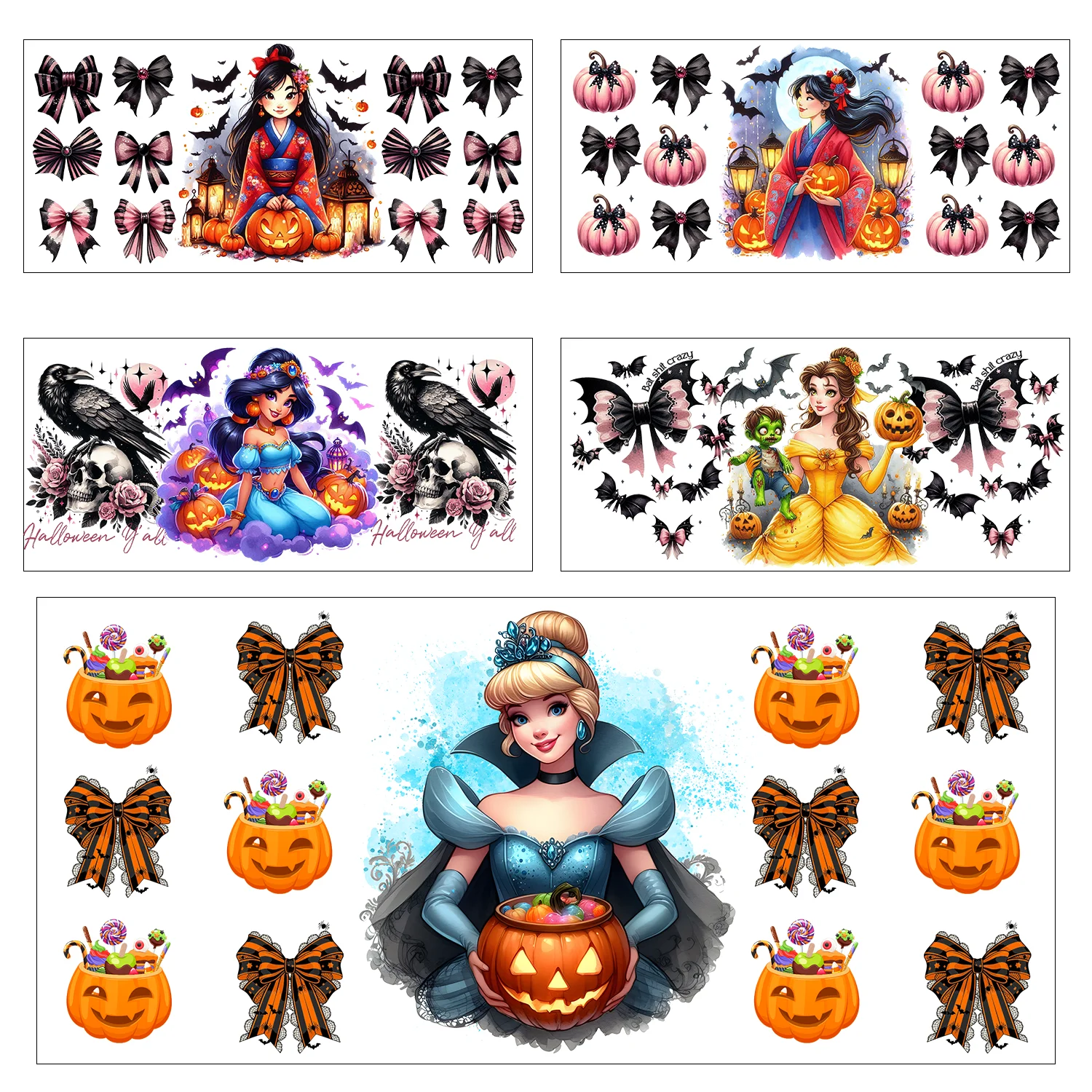 

5 sheets Halloween Princess Series easy peel waterproof DIY Decals 3D transfers uvdtf stickers 16oz uv dtf cup wraps