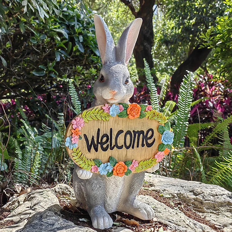 

Cute Rabbit Welcome Sign for Garden Outdoor Bunny Decor Weatherproof Kindergarten Garden Statues Whimsical Lawn Art for Porch