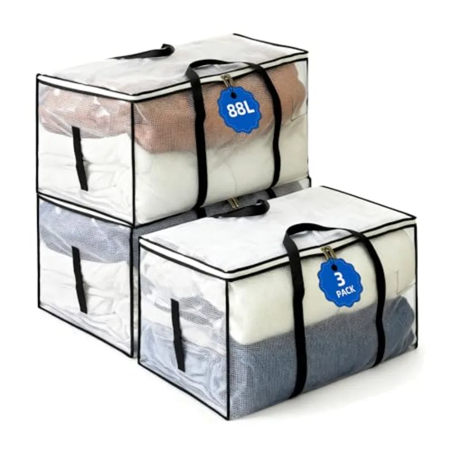 Lot de 3 sacs de rangement pour vêtements 88L, sacs de déménagement XXL en PVC renforcé 135 g/m², transparents, poignées renforcées