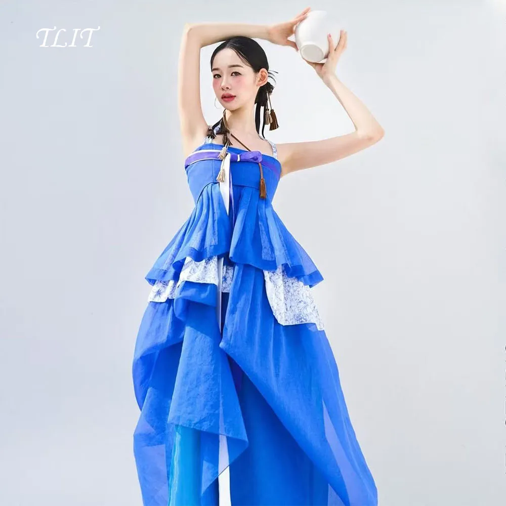 TLIT – robe de soirée élégante en mousseline de soie, bleu clair, à plusieurs niveaux, fine bretelles Spaghetti, robe de soirée spéciale, ligne a personnalisée, sans bretelles