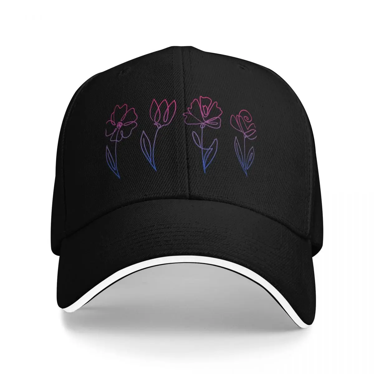 

Subtle Bi Pride Flowers Bisexual Flag Line Art Drawing Baseball Cap Trucker Cap hiking hat For Girls Men's
