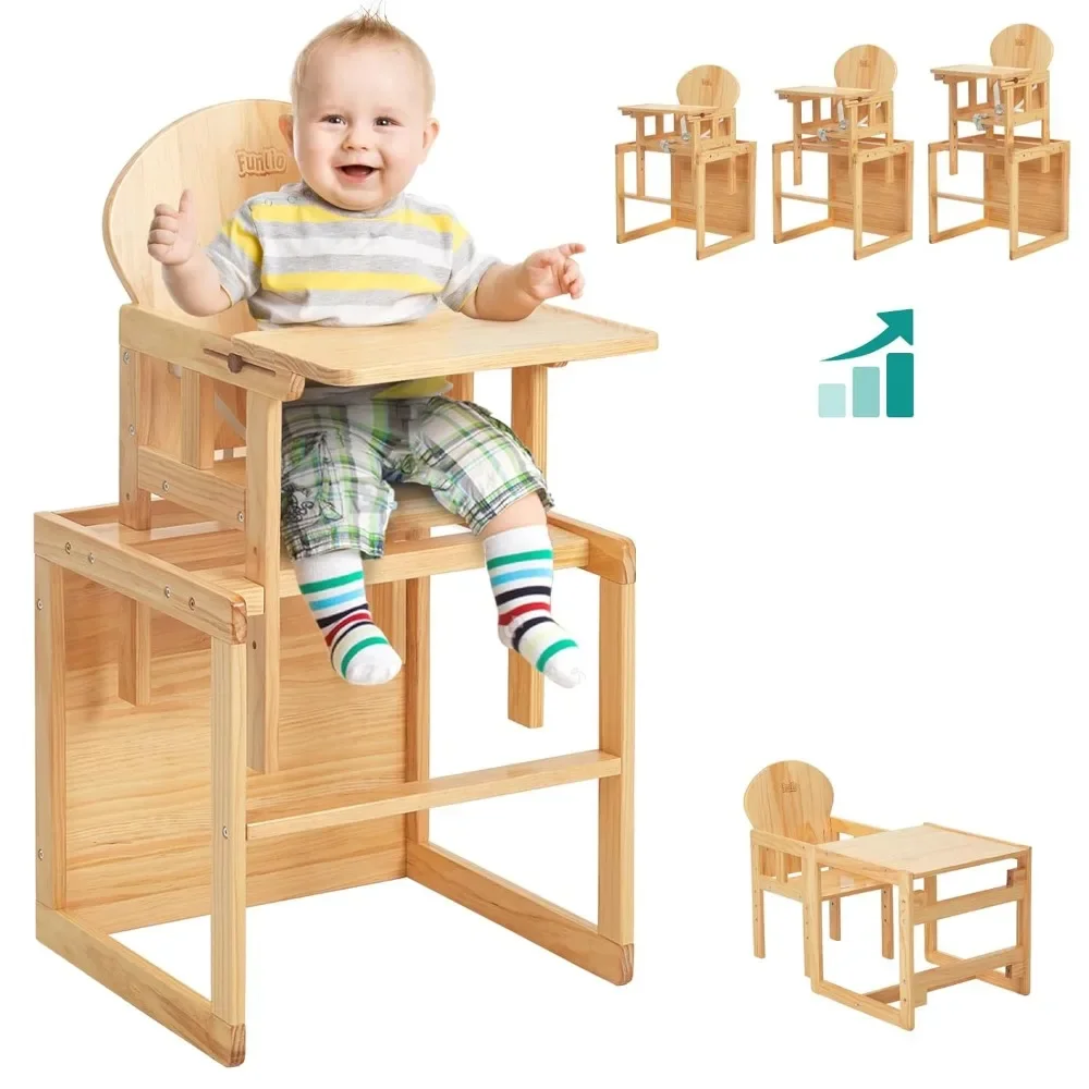 

FUNLIO Wooden High Chair, 2-in-1 Convertible HighChair for Toddlers 0.5-6 Years, Height Adjustable for Babies,Premium Solid Wood