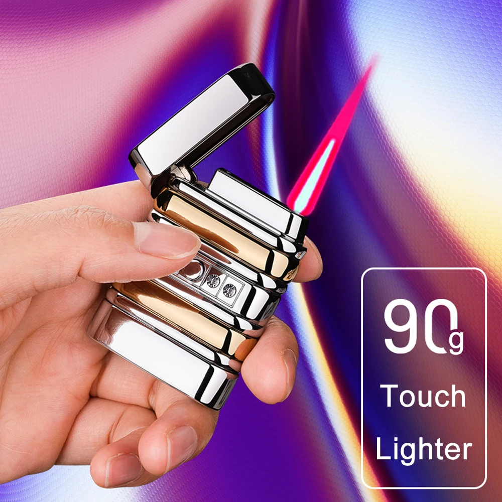 Creative Touch Sensing Electric Butane Gas Lighter Outdoor Windproof Metal Diamond Inlaid Turbo Jet Red Flame Torch Lighter