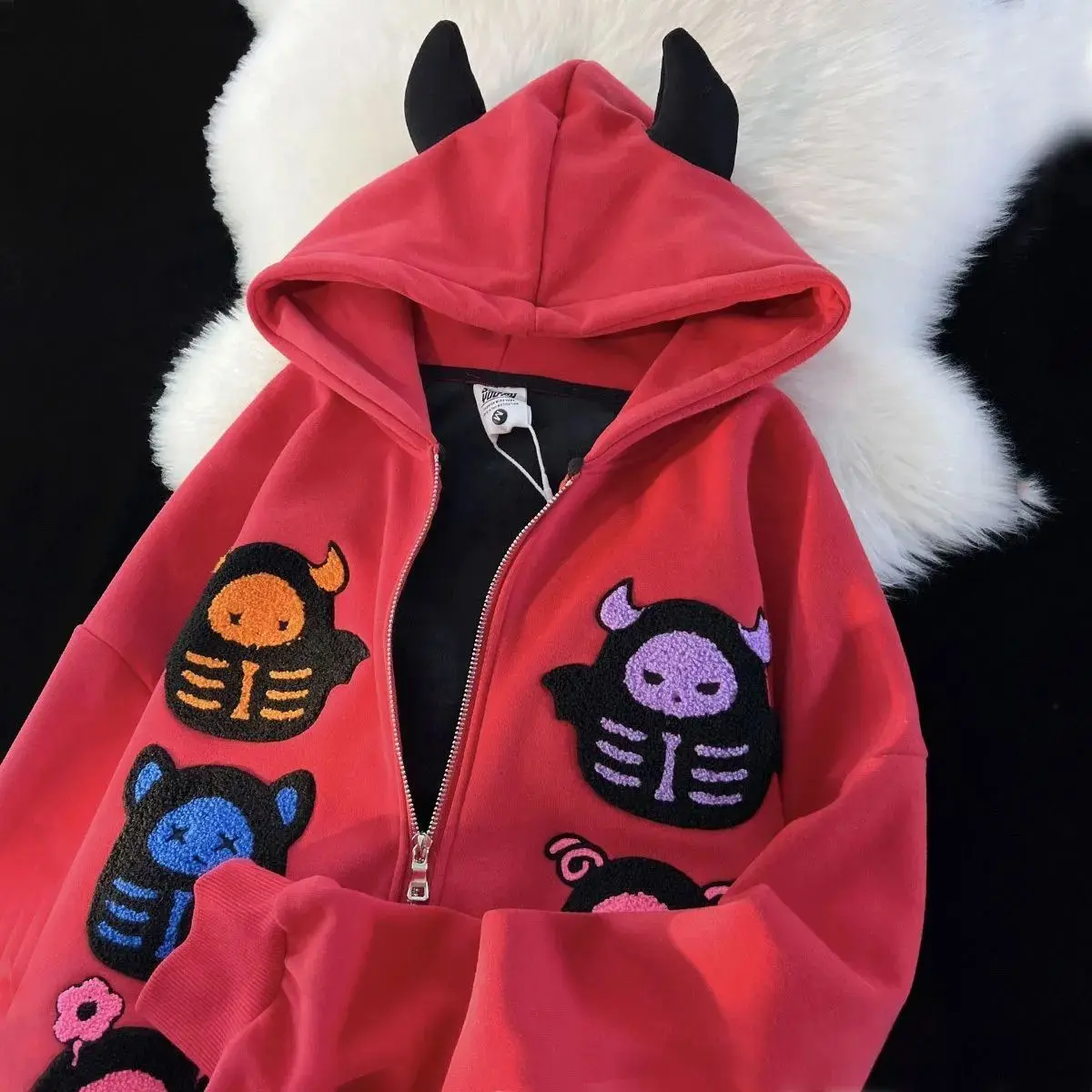 Harajuku Little Demon Hoodies Women Devil Horn Design Sweater Student Top Goth Sweatshirt High Street Zip Up Hoodie Y2k Clothes