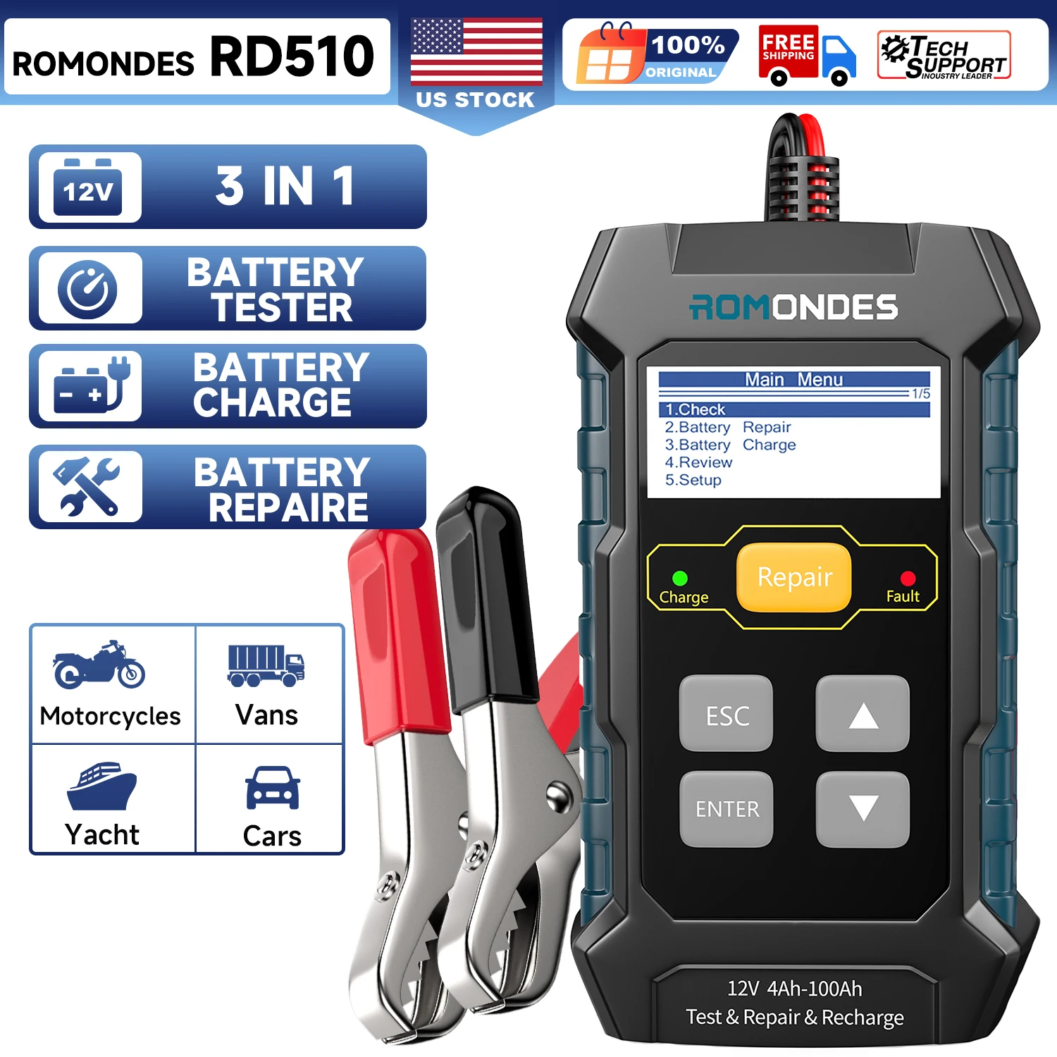 

Romondes RD510 12V Car 3 in 1 Car Battery Tester Pulse Repair Trickle Charger Diagnistic Tool Analyzer Tool 100-2000 CCA