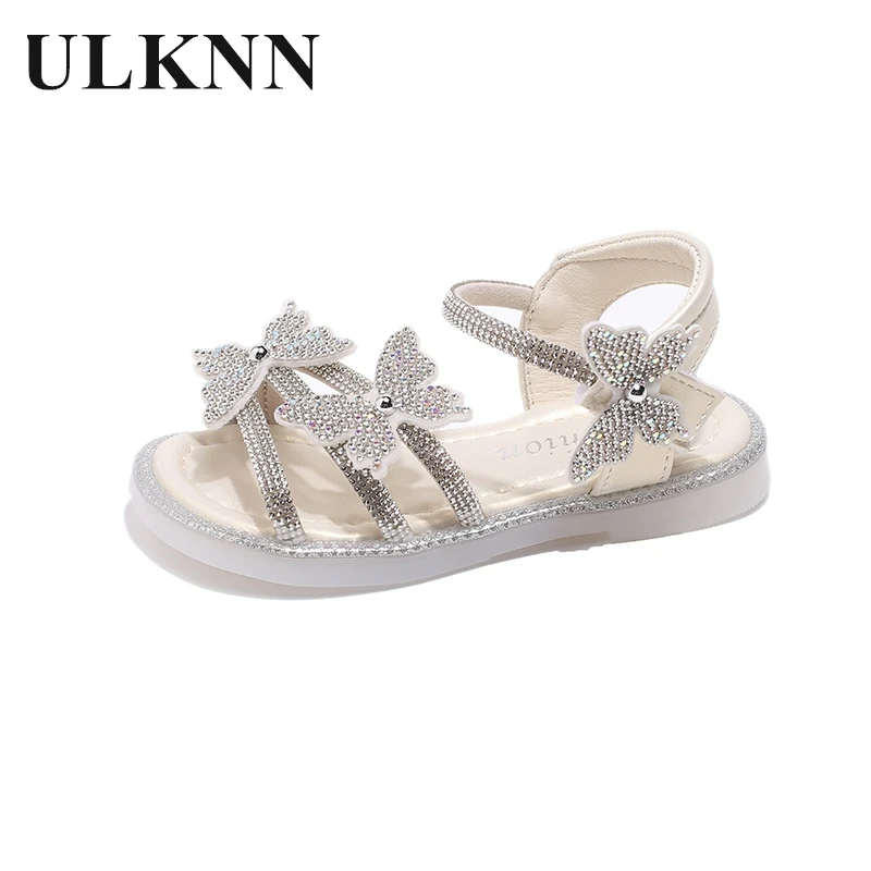 Student Rhinestone Sandals For Kids Beef Sole Non-slip Pink Bow Sandals For Girls Flat Comfortable Summer Light Beach Shoes