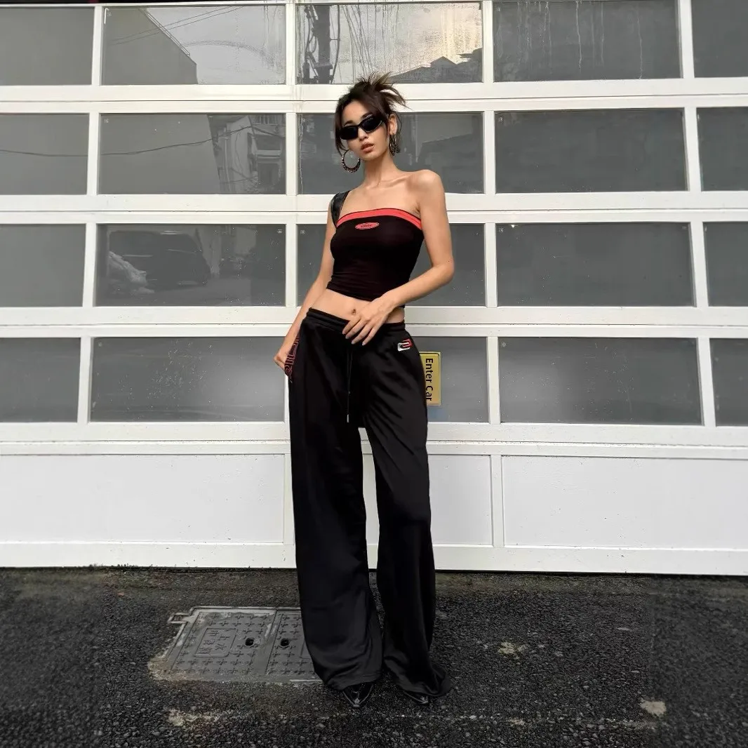 

IIA American Sle Splice Color Retro Sportswear Set Women's Tube Top Straight Leg Pants Long Trousers Faionable Summer Outfit