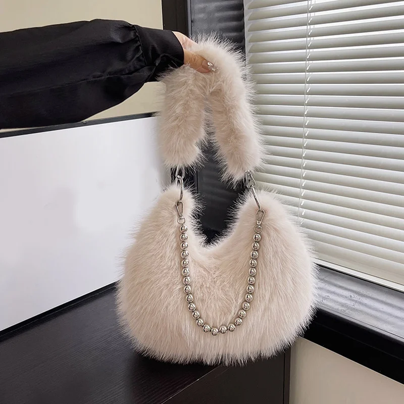 

Плюшевая женская сумка подмышки с цепочкой, пушистая универсальная сумка на плечо из искусственного меха, модная сумка подмышки, женская зимняя меховая сумка-тоут