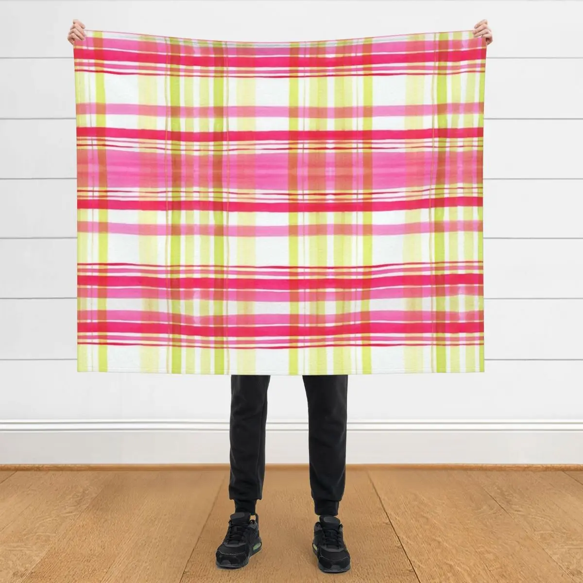 

Watercolor Plaid Pattern #2 Pink and Lemon Throw Blanket Decorative Sofas Softest for babies Blankets