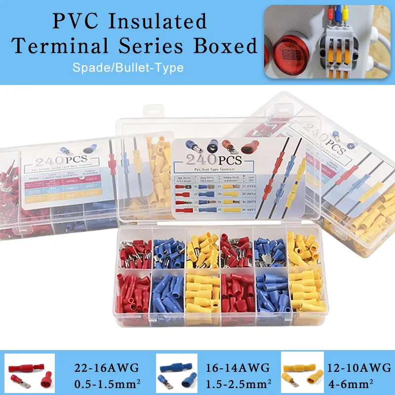 

240Pcs PVC Insulated Butt Crimp Terminal Series Boxed Spade/Bullet-Type 22-16/16-14/12-10AWG Wire Cable Connector Male Female