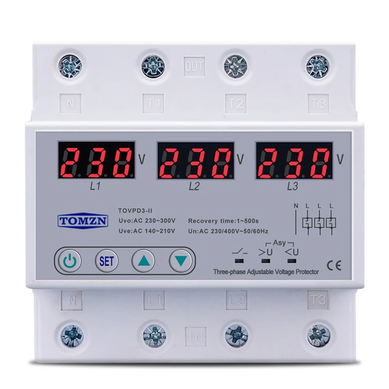 TOMZN Three Phase Adjustable Over and Under Voltage Protector Automatic Recovery Protective Device Reset 63A 380V