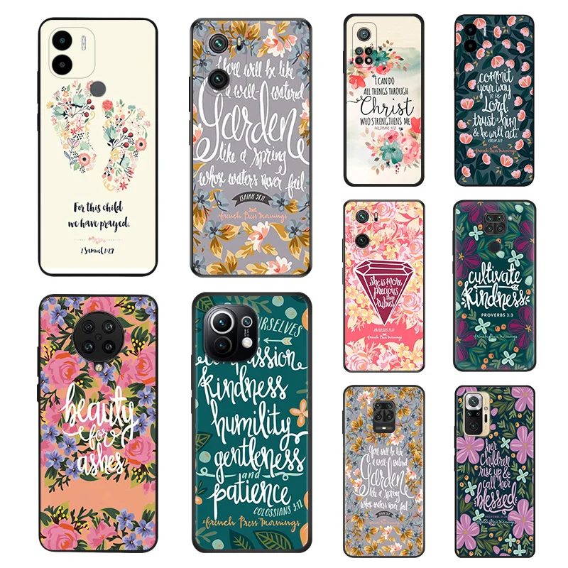 Black Soft Phone Cases For Redmi Note 10 10s 9 9t 9s 8 8t 7 9a 9i 9c 10a 10c 13 a3 x mi 10t Flower Bible Verse Philippians Cover