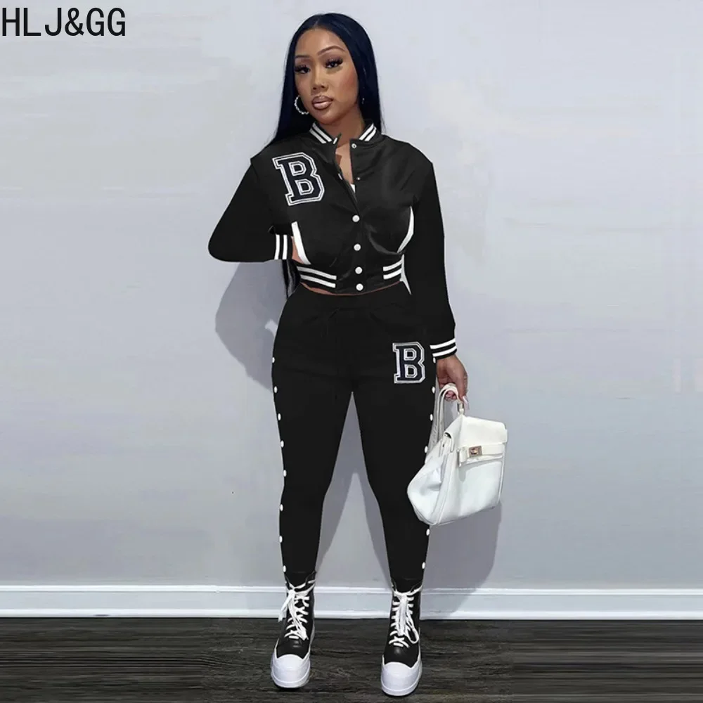 HLJ&GG Fashion Letter Print Baseball Jacket Two Piece Sets Women Button Long Sleeve Crop Top+Pants Female Patchwork 2pcs Outfits