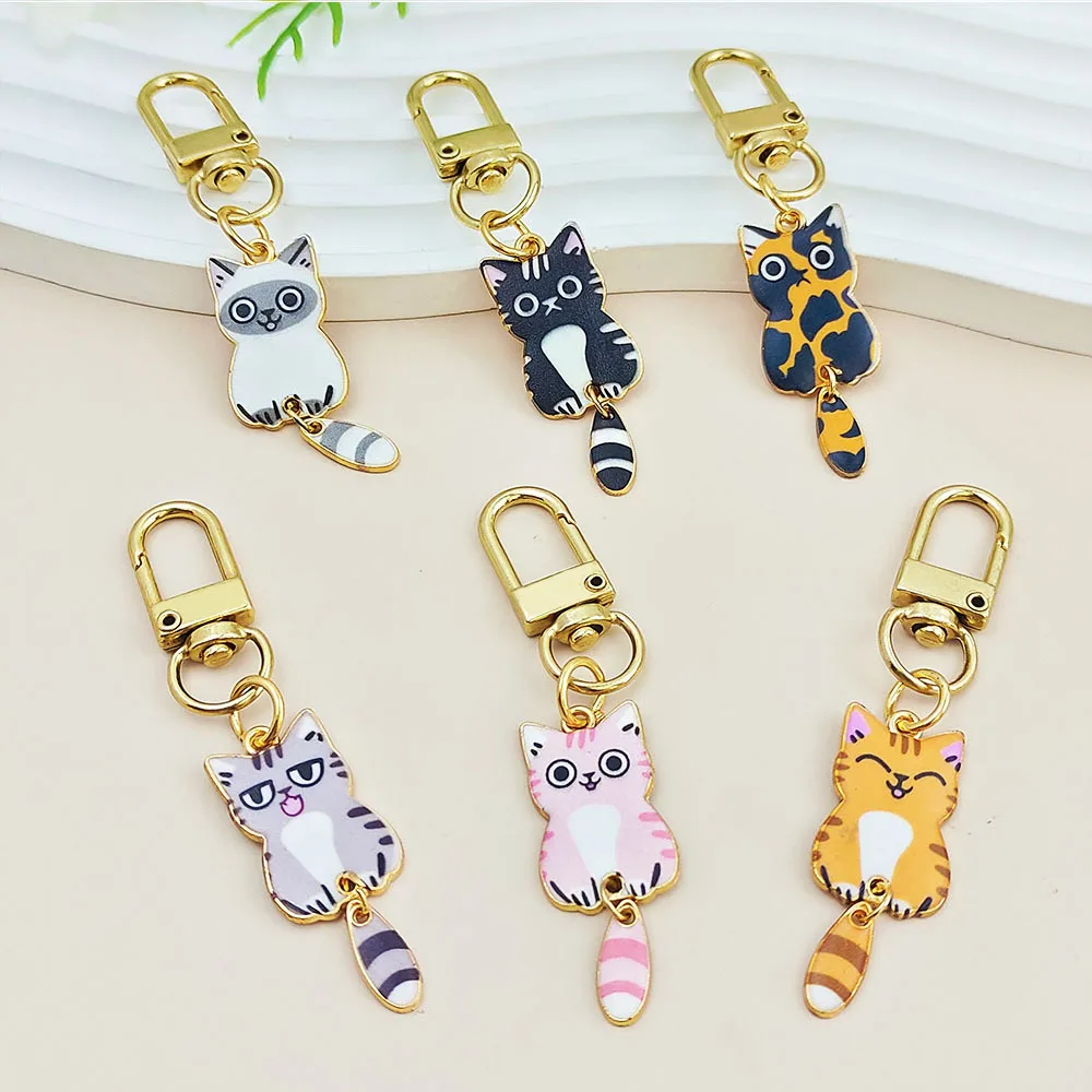 Cute Tail Hanging Cat Keychains Trendy Kitten Metal Keyrings Friend Gifts Souvenir Earphone Case Pendant Bag Charms Accessories