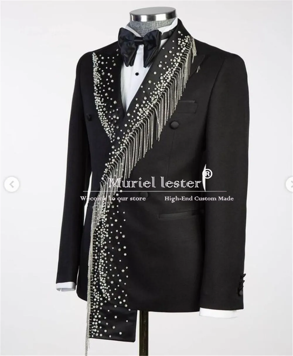 Sparkly Sliver Crystals Beaded Suits Men Formal Groom Party Double Breasted Jacket Pants 2 Pieces Wedding Tuxedos Man Clothing