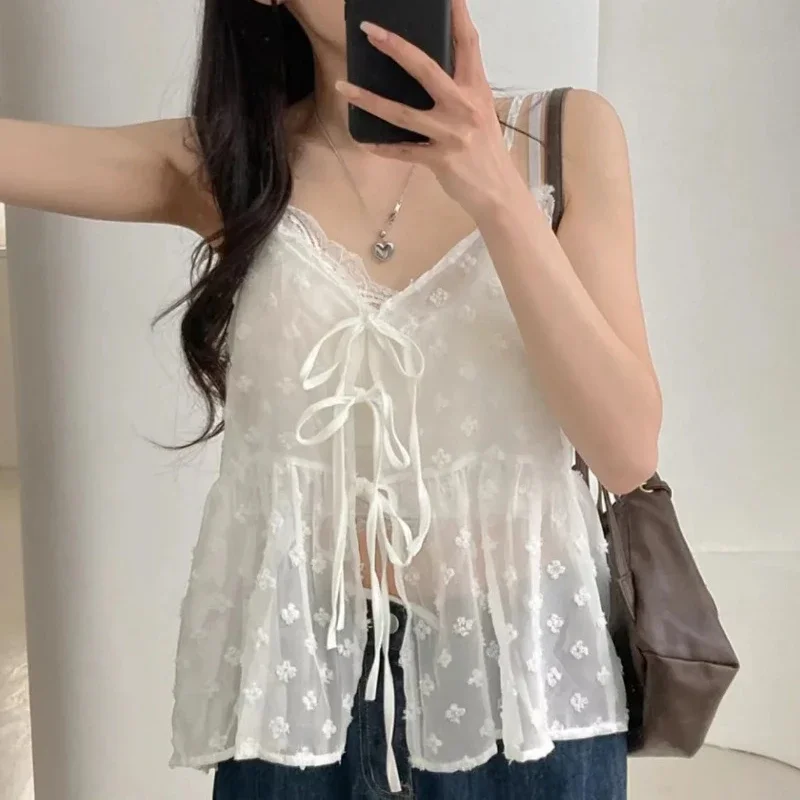 

South Korea Chic Caimi Women Top Summer New Solid Blouse Female Mesh Sleeveless Stacked Lace-up Dungaree Shirt 2025