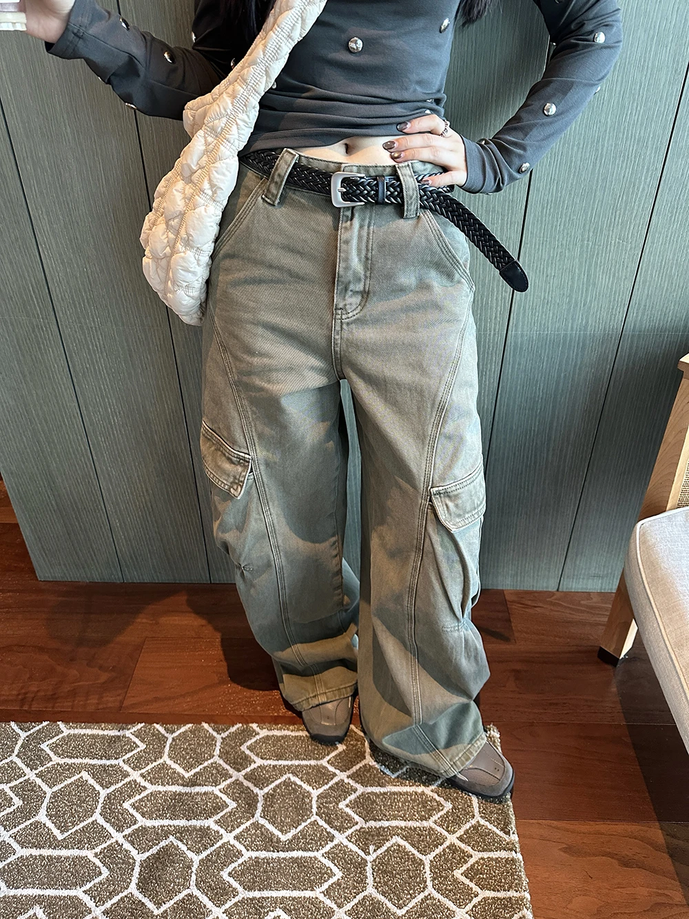 

Retro Washed Denim Work Pants Women's Loose Wide Leg Casual Pants Autumn 2025 Fashion High Waist Zipper Fly Non-Shrinkable
