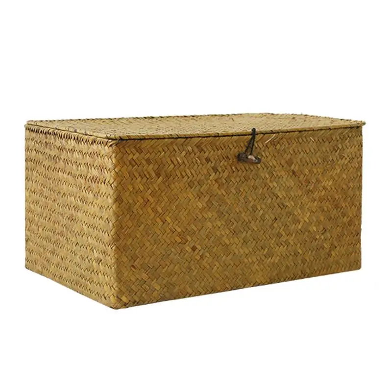 Ins Storage Baskets With Lid Rectangle Seaweed Weaving Laundry Sundries Storage Box Rattan Woven Dirty Cloth Tidy Organizer Box