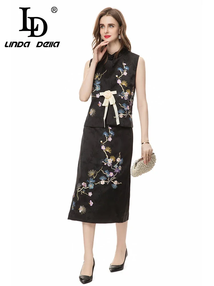 LD LINDA DELLA 2024 Summer Elegant Temperament Skirt Sets Women's Embroidery Floral Appliques Sleeveless Top+Skirt 2 Pieces Set