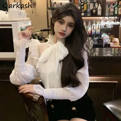 Blouses Women Designed Front and Back Sides Flare Sleeve Solid Patchwork Ruffles Bow Princess Knitted Vibe Tops All-match Chic