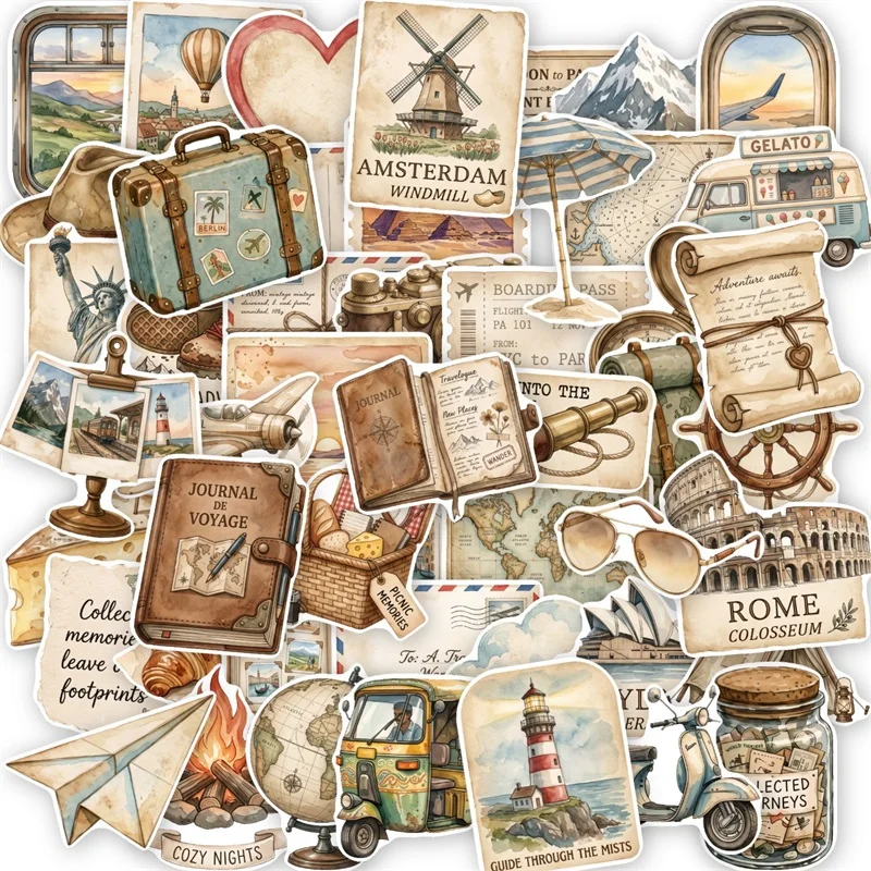 10/30/50PCS Vintage Travel Records Sticky Sticker Aesthetic DIY Hand Accounting Decoration Scrapbooking Stationery Supplies