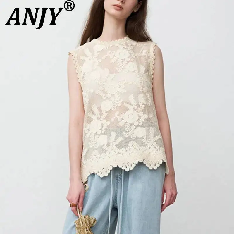 

ANJY Summer New Women Elegant Fashion Hollow Out Design Sleeveless Camisole Vest Embroidery Flower O-Neck Niche Tank Top A23955