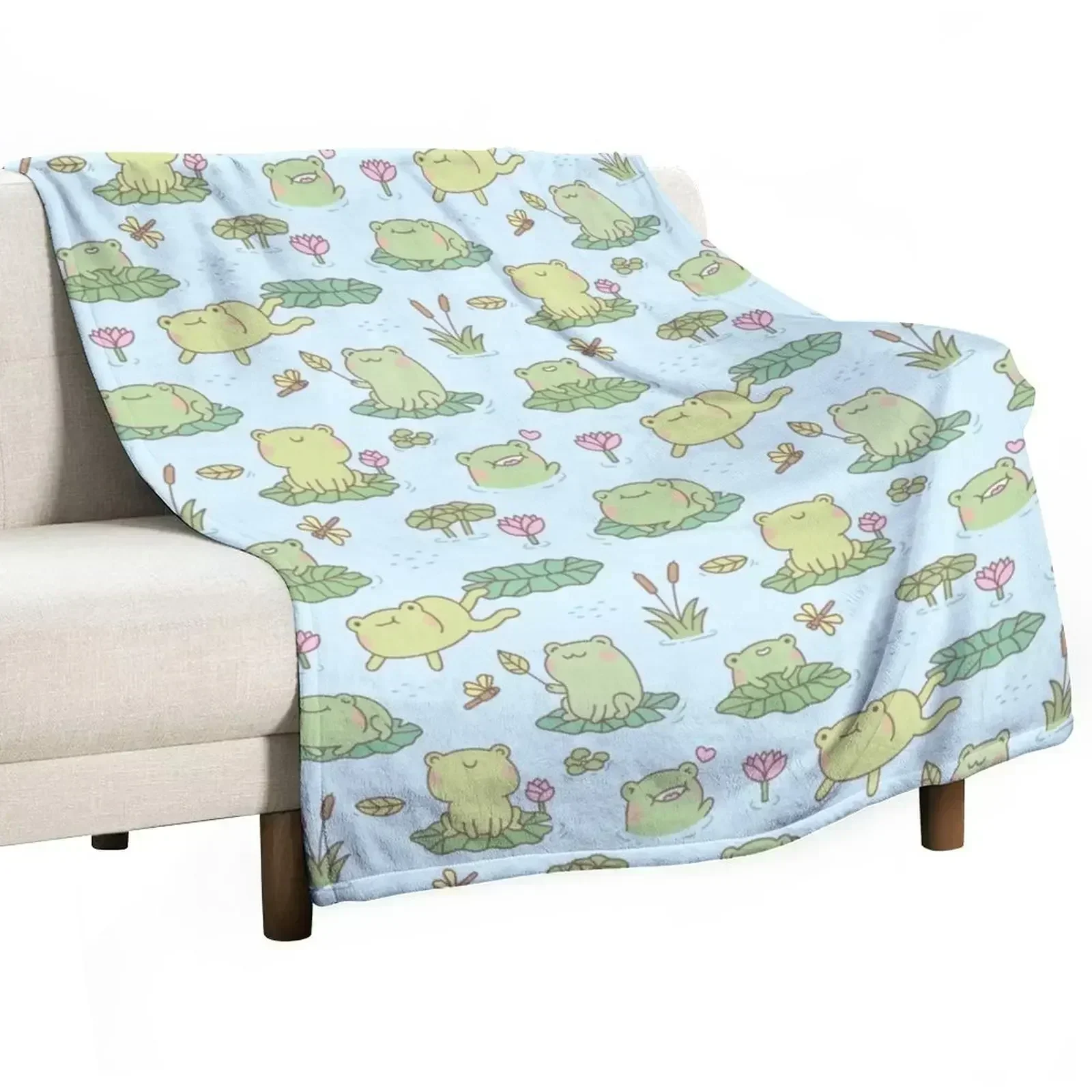 Cute Frogs and Dragonflies Pond Pattern Throw Blanket For Baby Blankets For Baby Bed Furry Plaid Blankets