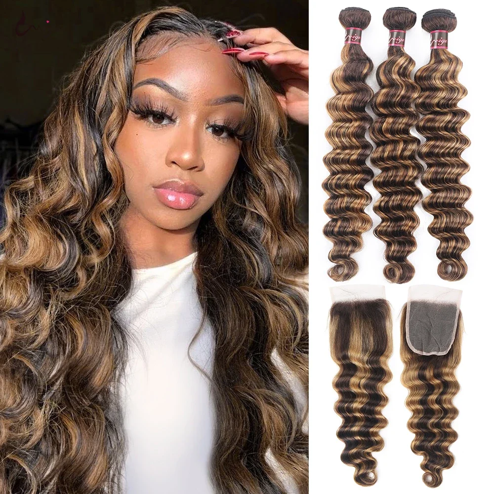 Highlight Loose Deep Wave Bundles with Closure Brown Human Hair Bundles with Closure  Ombre Honey Blonde Bundles with Closure