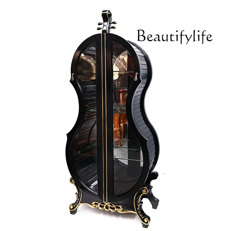 

S cabinet solid wood carving flower glass double door living room display cabinet household American light luxury ornament