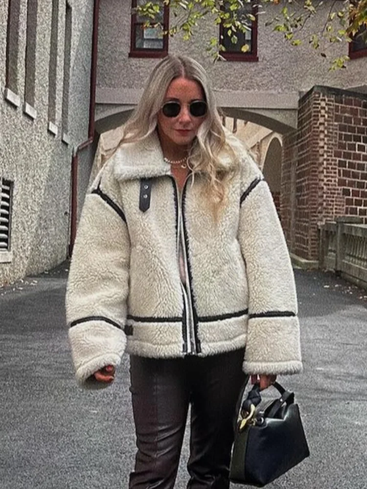 Fashion Contrast Spliced Zipper Lapel Lamb Wool Jacket Women\'s Chic Casual Thick Warm Long Sleeve Coat Ladies Chic Outwear 2024